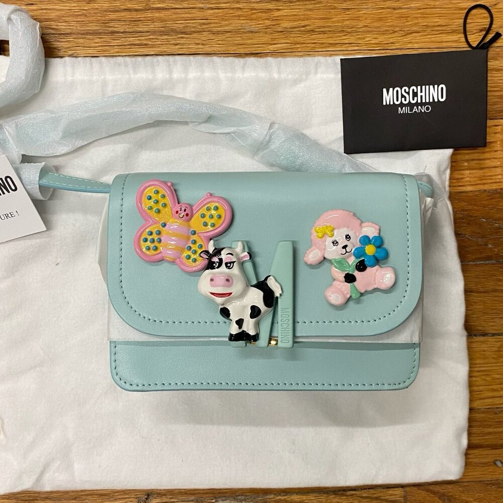 SS22 MOSCHINO Couture Jeremy Scott Calico Turquoise Cow Sheep Shoulder Bag